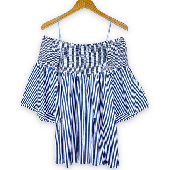 SOLD Zara babydoll Mini Dress flare bell sleeves Striped Off Shoulder Smocked XS - Picture 4 of 9